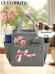 1pc Personalized Rose Bow Women's Handbag - Insulated Lunch Bag With Zipper, Customizable With Your Name, Designed For Fresh Meals At Office And Travel, This Customized Tote Bag Is Perfect For Travel, Shopping, Gifts And Party Favors, Unique Gift - Multicolor - View 1