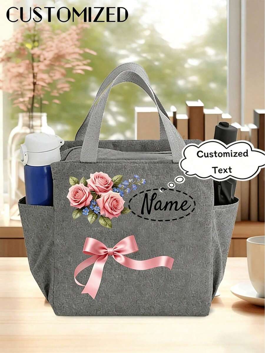 1pc Personalized Rose Bow Women's Handbag - Insulated Lunch Bag With Zipper, Customizable With Your Name, Designed For Fresh Meals At Office And Travel, This Customized Tote Bag Is Perfect For Travel, Shopping, Gifts And Party Favors, Unique Gift - Multicolor - View 1