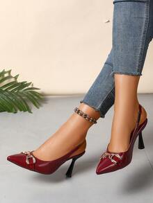 通勤搭扣优雅四季女士办公室、外出、派对、宴会高跟鞋，时尚性感酒红色百搭舒适女士高跟鞋 - 酒紅色 - 查看 5
