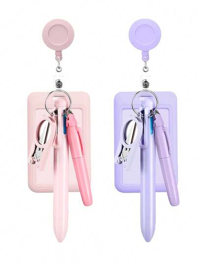 2D Macron 彩色系统便携式文具套装，适用于医院医生和护士，包含折叠剪刀（用于剪纱布）、可伸缩拉链证件套、可填充圆珠笔、荧光笔和男女通用身份证/名片套装。