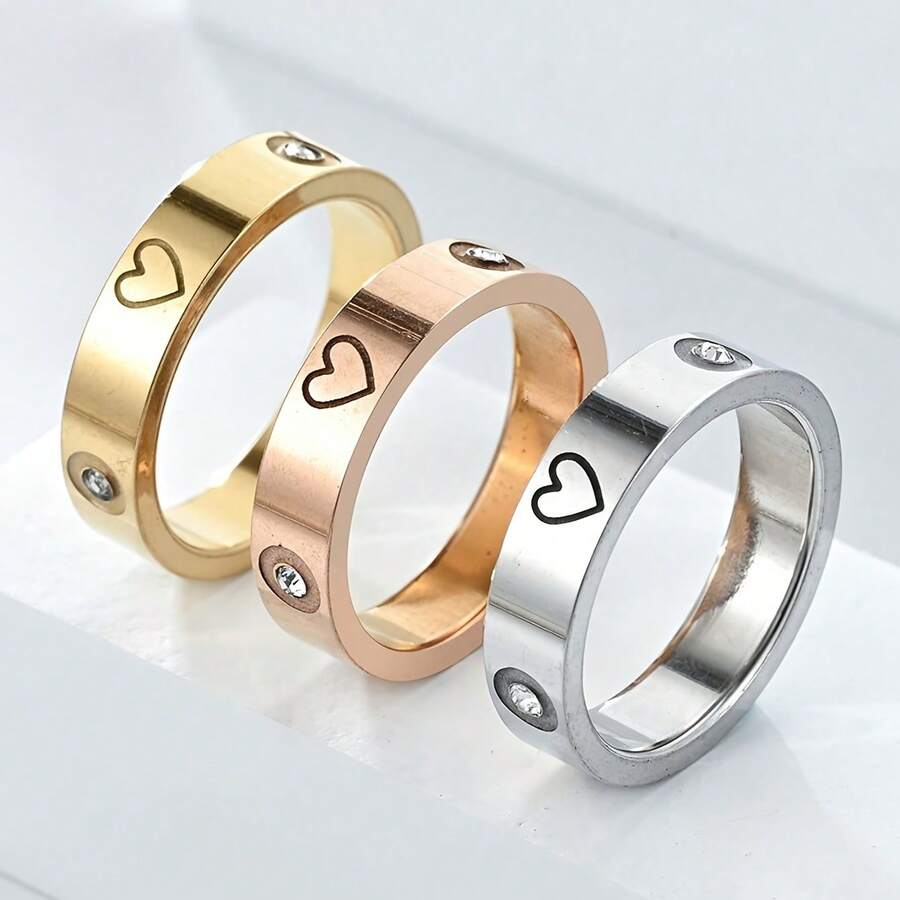 Znice 1 Piece Women's Simple Heart-Shaped Zirconia-Studded Stainless Steel Ring, Waterproof And Non-Fading, Suitable Daily Wear, Parties, Gatherings, And As A Family And Friends, And Mother's Day - 玫瑰金 - 查看 1