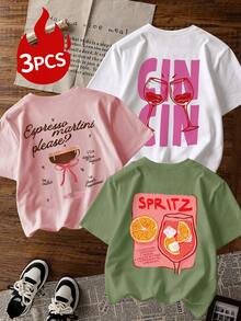 3件套鸡尾酒图案标准女士浓缩咖啡马提尼图案T恤 - 彩色 - 查看 1