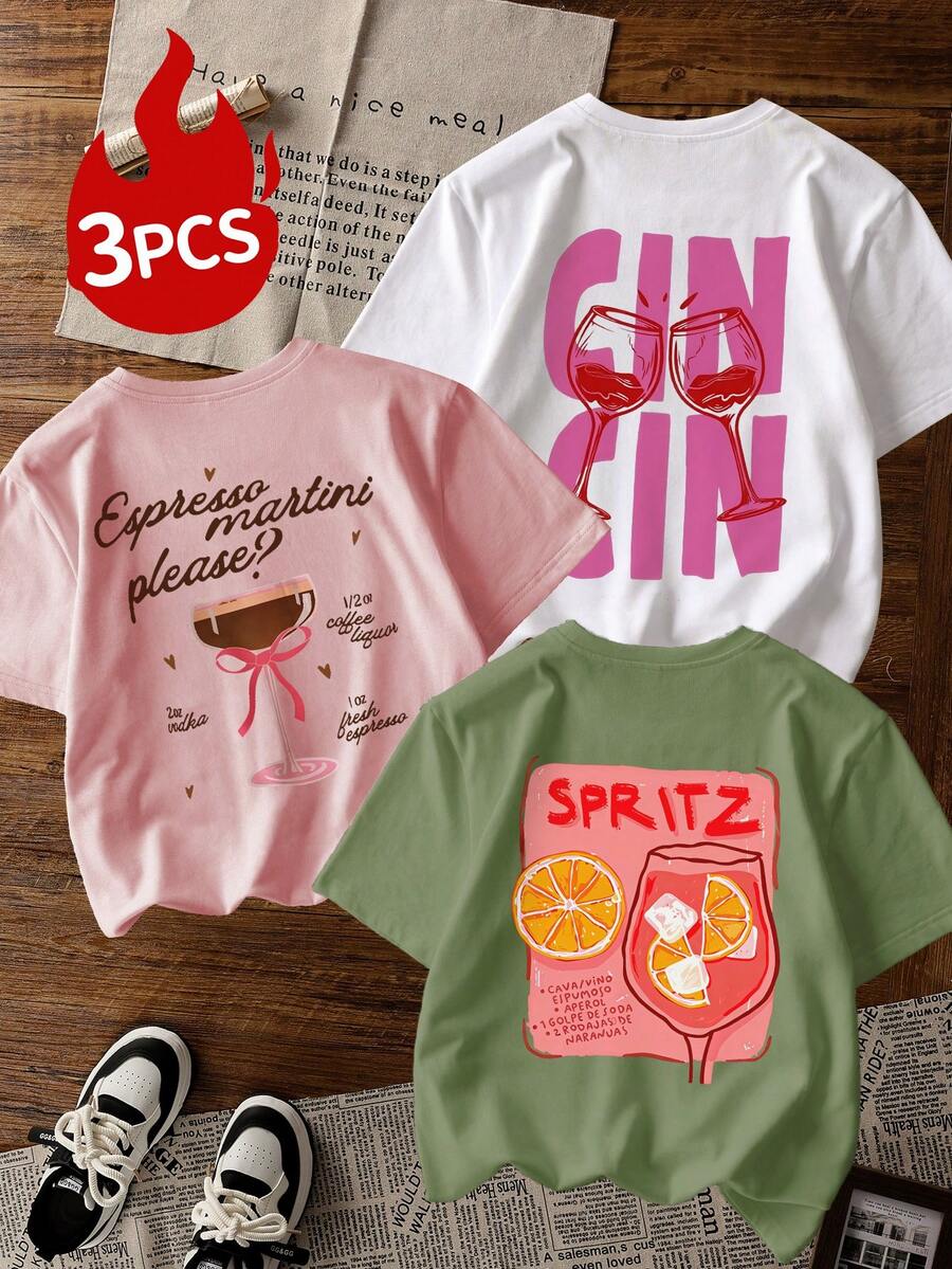 3件套鸡尾酒图案标准女士浓缩咖啡马提尼图案T恤 - 彩色 - 查看 1
