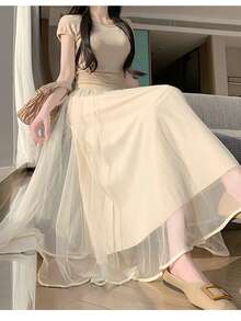 Chân váy midi bồng bềnh bằng vải tuyn mới dành cho nữ, thích hợp cho mùa xuân/hè. - Màu be - Xem 7