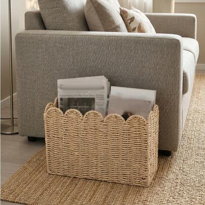 Handwoven Water Hyacinth Magazine Rack, Scalloped Edge Wicker Storage Basket, Boho File Organizer For Home Office, Living Room And Desktop, Lightweight Natural Fiber Organizer For Magazines, Documents, Notebooks, Mail And Desk Accessories, Ideal For Spring Refresh, Space-Saving Storage, Cozy Minimalist Decor For Study, Entryway, And Workspace