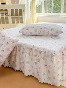 Bộ 3 món (1 ga trải giường, 2 vỏ gối) họa tiết hoa, lưới, in hình mèo con với viền lá sen, ga trải giường che phủ toàn bộ giường, chống bụi, có viền váy, bộ 3 món ga trải giường xếp ly kèm 2 vỏ gối. - Mèo trong bụi rậm - Xem 4