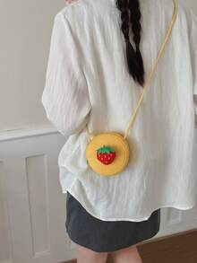 Bolso bandolera tejido con diseño de fresa, bolso de hombro redondo de paja y ratán para mujer - Amarillo - Ver 7