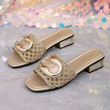 Women's Mesh Chunky Heel Mid-Heel Sandals, Comfortable Breathable Beach Holiday Slippers, Essential For Spring/Summer Outfits - Gold - View 6