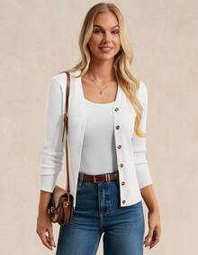 Women's Long Sleeve Button Up Cardigan Sweaters Ribbed Knit Open Front Casual - Bright White - View 2