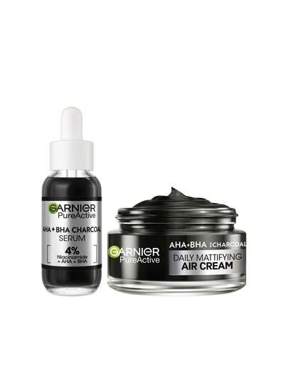 Garnier [Bundle] Pure Active 4% AHA + BHA & Niacinamide Charcoal Face Serum 30 Ml + AHA+BHA Charcoal Daily Mattifying Air Cream​ 50 Ml