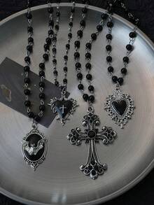 Gothic Bat Cross Dark Pendant Necklace Set, Y2K Personalized Thorn Heart Black Beaded Layered Necklace Set, Suitable For Halloween Wear - Black - View 6