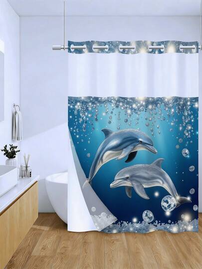 1/3pcs Cute Dolphin Cartoon Double-Layer Shower Curtain Set, 72in*72in - Marine Mammal Printed, Waterproof & Durable, Bathroom Decor Accessories, Hookless Curtain With Snap-In Liner, Polyester Fabric - Machine Washable, Easy To Disassemble And Carry, Semi-Transparent Top, Suitable For Holiday Decor, Home/Bedroom/Residential/Western Style, Spring Decoration