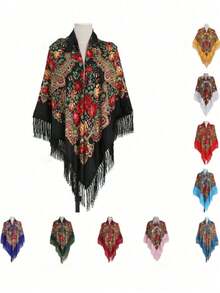 160cm*160cm Lenço Quadrado Tradicional Vermelho e Multicolorido Plus Size para Mulheres, Lenço Quente e da Moda com Decoração de Borla para Inverno, Essencial para Viagens, Toalha de Praia - Multicolorido - Visão 1