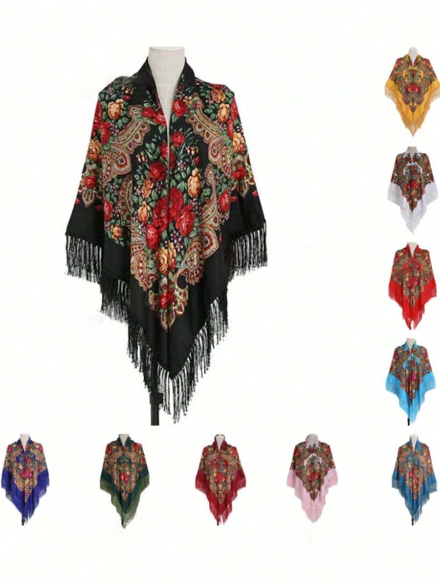 160cm*160cm Lenço Quadrado Tradicional Vermelho e Multicolorido Plus Size para Mulheres, Lenço Quente e da Moda com Decoração de Borla para Inverno, Essencial para Viagens, Toalha de Praia - Multicolorido - Visão 1