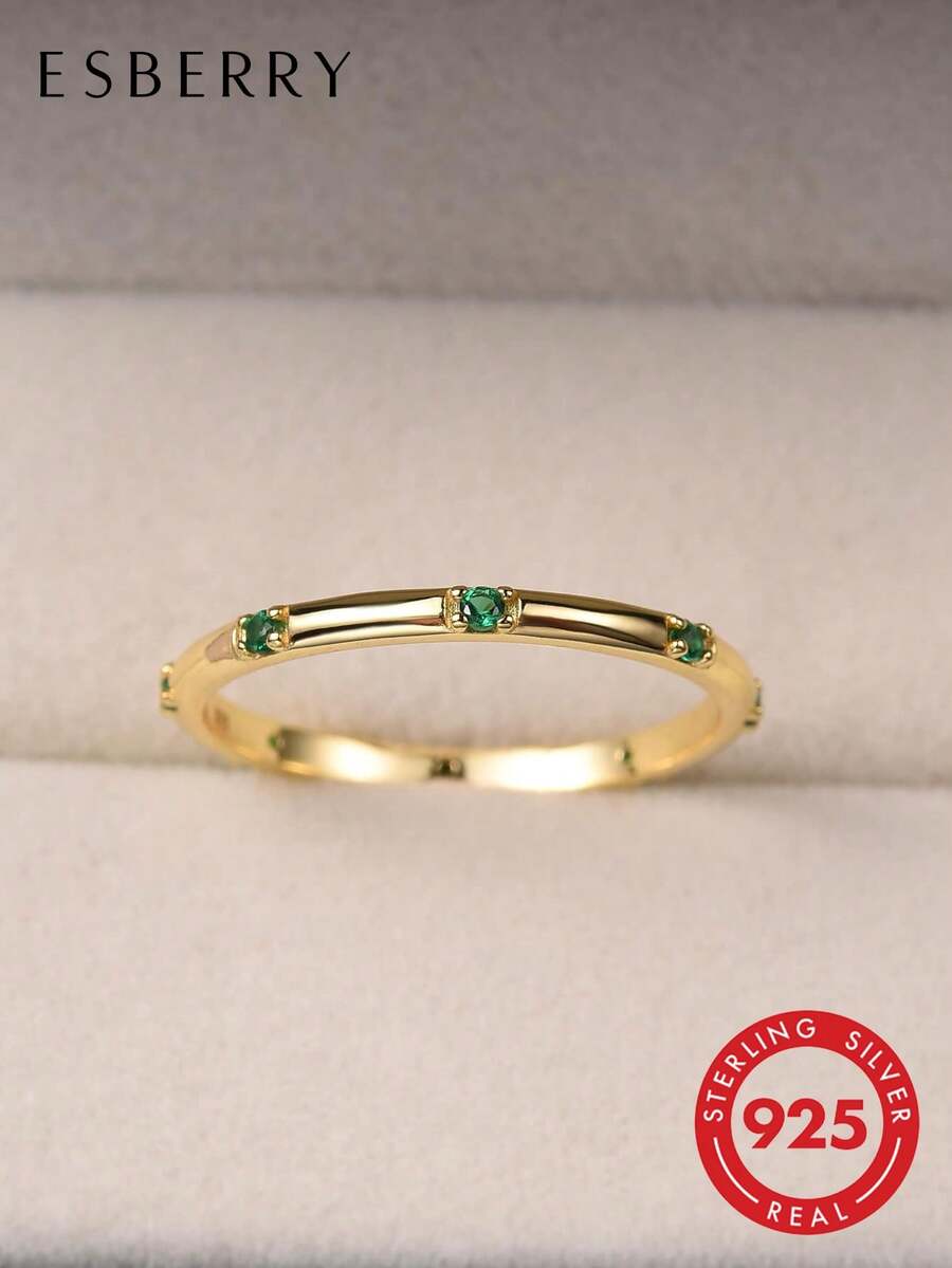 ESBERRY 1 chiếc nhẫn tinh xảo, trang sức nữ, bạc 925 mạ vàng, trang sức thanh mảnh, đeo hàng ngày, quà tặng. - màu xanh lá - Xem 1