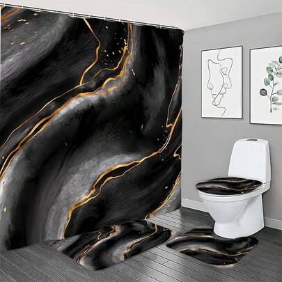 Bộ 4 món họa tiết đá cẩm thạch đen mùa hè, bao gồm rèm tắm chống thấm nước, thảm chống trượt, bọc bồn cầu và thảm chữ U, bộ phụ kiện rèm tắm hoàn chỉnh, mười hai móc treo, trang trí phòng tắm, quà tặng ngày lễ.