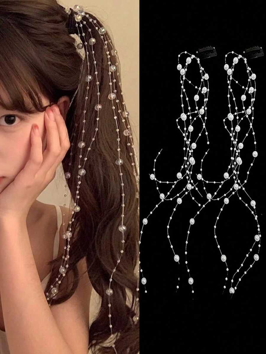 可愛馬尾裝飾髮夾（幻彩珠/純白珠髮鏈），雙馬尾長髮梳，編織流蘇魔力髮夾，髮飾配件。適合派對、度假、旅行、開學