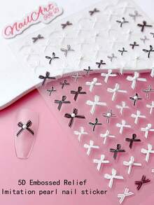 Adesivo de Unha com Relevo Embossed 5D Falso Pérola, Unha, Decoração de Unha DIY, Adesivos de Unha, com Padrões de Gravata Borboleta Branca e Preta, Perfeito para Meninas Criarem Arte de Unha. Muito Adequado para as Estações da Primavera, Verão, Outono, Inverno, Usando Estilo Francês Simples, Fofo, Requintado, Elegante, Estilo Punk DIY Decoração. Adequado para Unhas Mates, Brilhantes, Longas, Curtas, Bico de Pato, Pontudas, Remendos Franceses e Unhas Artificiais - Multicolorido - Visão 4