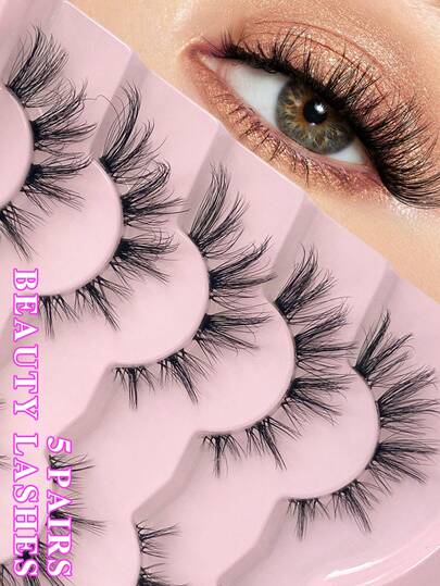 ENCHUW 5 Pairs Lashes Natural Look Wispy Faux Mink Eyelashes 3D Clear Band Lashes Fluffy Curl Cat Eye Fake Eyelashes