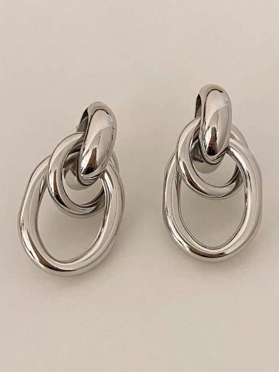 1 par de pendientes de metal con diseño geométrico minimalista, pendientes de moda versátiles para uso diario - Plateado - Ver 1