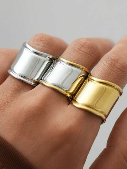 3pcs/1pc 18K Gold Plated 304 Stainless Steel Chic Wide Band Ring Set, Minimalist Rugged Ring Design, Versatile Fashion Accessory Suitable For Work, Shopping And Casual Daily Wear, Western Style Jewelry, Summer Accessory