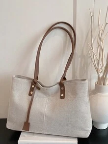 1pc Brown Tote Bag, New Design With Strap Decor, Metal Rivet Accent, Large Capacity Canvas Patchwork Shoulder Bag For Women - Brown - View 3