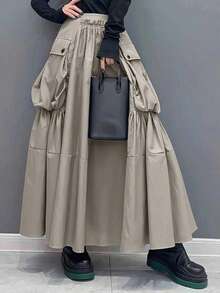 New Arrival High Waist Skirt With Large Pockets, Fashionable Loose Casual Skirt For Women Spring - Apricot - View 2