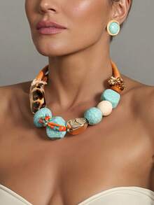 1pc Bohemian Style Necklace With Blue-Green Crackle Beads & Leopard Print Decor, Brown Braided Rope Necklace, Suitable For Women's Daily Wear - Multicolor - View 3