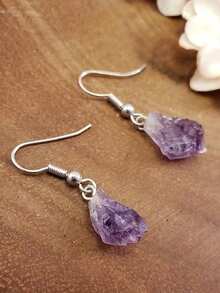 1 Pair Boho Style Amethyst Asymmetrical Stone Dangle Earrings, Suitable For Women To Wear On Vacation - Purple - View 4