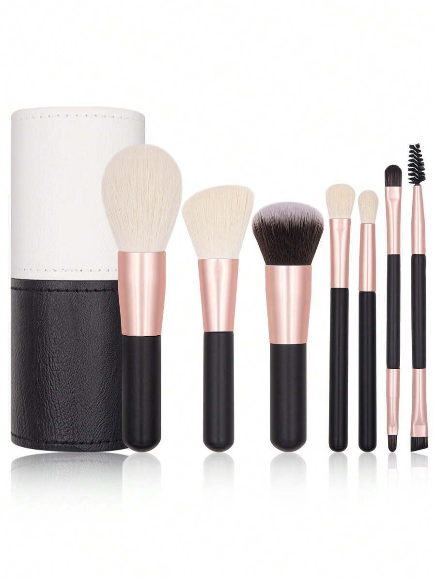 SEPROFE Bộ 7 cọ trang điểm mini, sợi siêu mềm, dùng để tạo khối cho mặt và mắt, đánh má hồng, che khuyết điểm, đánh kem nền, đánh phấn mắt, bao gồm cọ che khuyết điểm & môi 2 trong 1, cọ kẻ mày & mi, 1 ống đựng nhỏ, thích hợp để trang điểm hàng ngày hoặc làm quà tặng. - màu đen - Xem 1