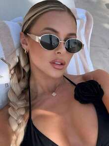 2pcs Metal Frame Oval Retro Fashion Glasses, Fashionable Design For Women, Suitable For Everyday Wear, Traveling & Beach Preppy Style For Back To School Travel Preppy Style For Back To School Plain PC Rimless - Black - View 4