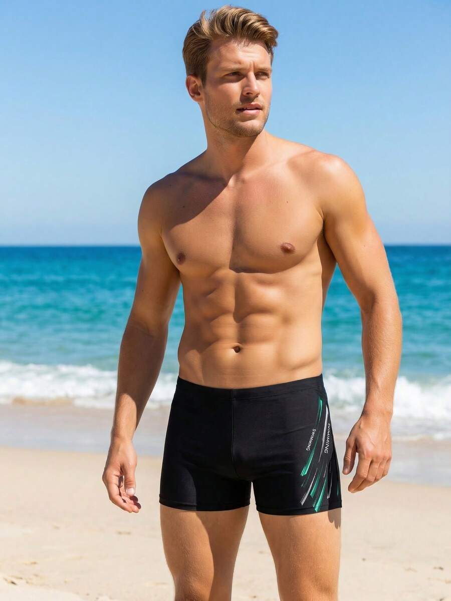 Men's Quick Dry Square Leg Swim Trunks, Athletic Swimwear For Beach Pool With Stylish Print - Black - View 1