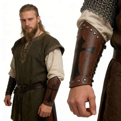 1 Cặp vòng tay da PU hình thánh giá thời Thập tự chinh cổ điển - Giáp cổ tay thời Trung cổ Viking cho lễ hội Phục hưng, LARP & trang phục Cosplay