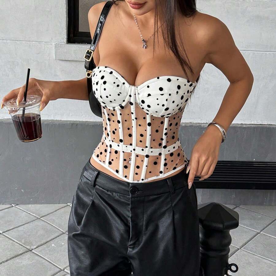 Retro Polka Dot Corset Top Featuring Structured Boning & Clean Silhouette, Versatile Pink & Black Shapewear For Effortless Styling From Seaside Escapes To Daily Wear - 白色 - 查看 1