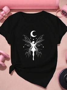 Women's Plus Size Casual T-Shirt With Geometric Fairy Design - Short Sleeve, Round Neck, Breathable Polyester - Machine Washable - 黑色 - 查看 2