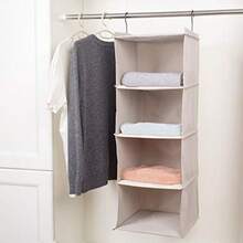IsHealthy Hanging Closet Organizer Easy Mount Foldable 4-Shelf Hanging Closet Wardrobe Storage Shelves Organizer Clothes Handbag Accessories Storage Imitation Linen Fabric Beige Houndstooth - 4 estantes - Ver 5