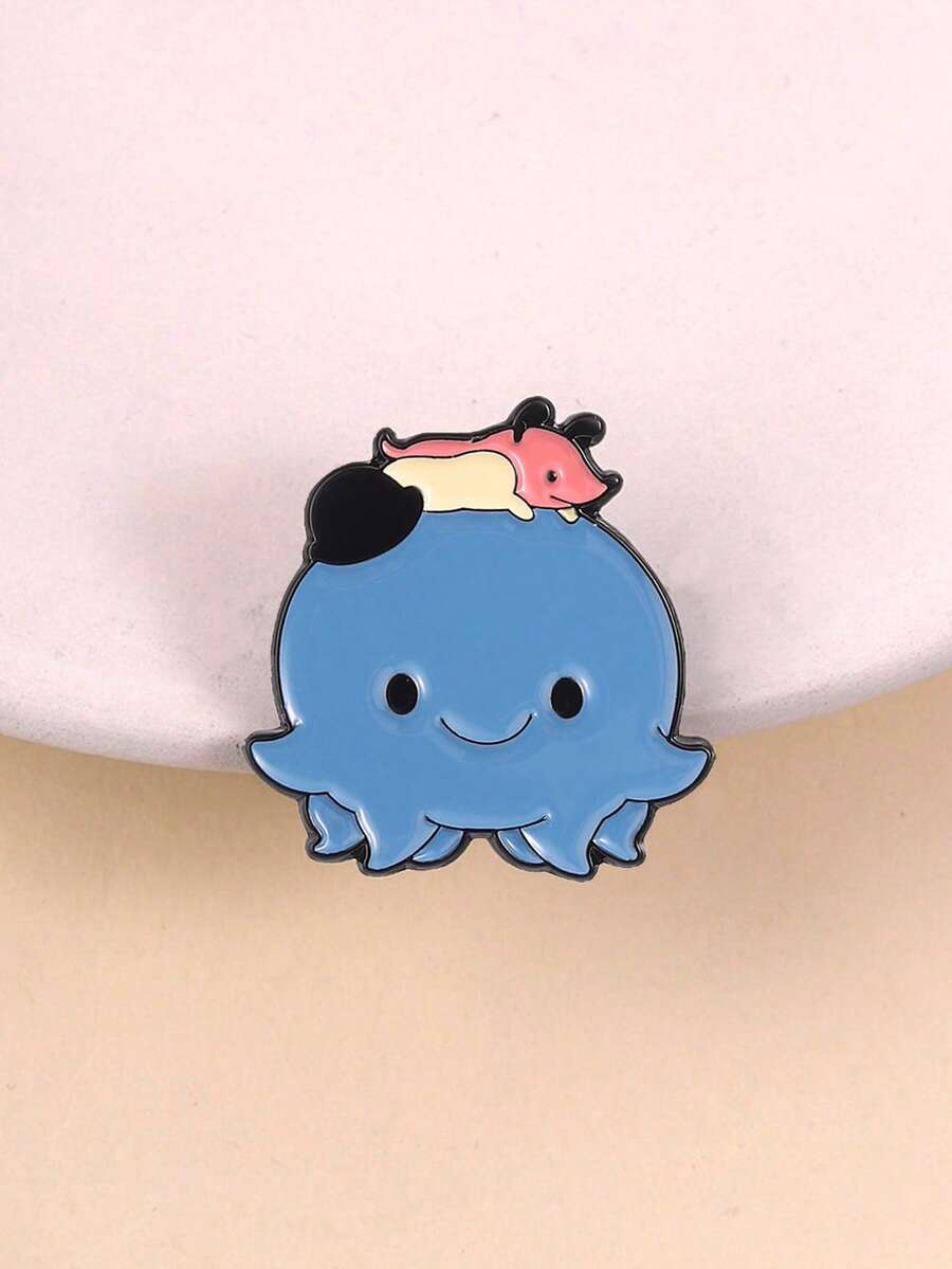 1pc Octopus & Companion Enamel Badge, Rounded Shape With Interactive Design On Top, Fresh Blue & Pink Color Scheme, Cute Style Brooch For Clothing Or Backpack, Suitable For Dark-Themed Cute Pet Animation Fans