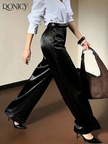 DONICY Pantalon large noir pour femmes, tissu drapé, taille haute coupe droite, polyvalent pour le bureau et les occasions décontractées - Noir - Voir 9