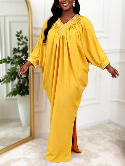 Elegant Yellow Pleated Maxi Bubu Dress For Women With Pearl V Neck Side Slit Loose And Flowing Fit Dresses For Casual Special Occasion Spring Summer Fashion