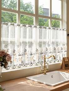 1/2pcs Rod Pocket Embroidered Floral Valance Curtain, Beige, For Bedroom, Kitchen, Living Room, Home Partition - 1PC - View 7