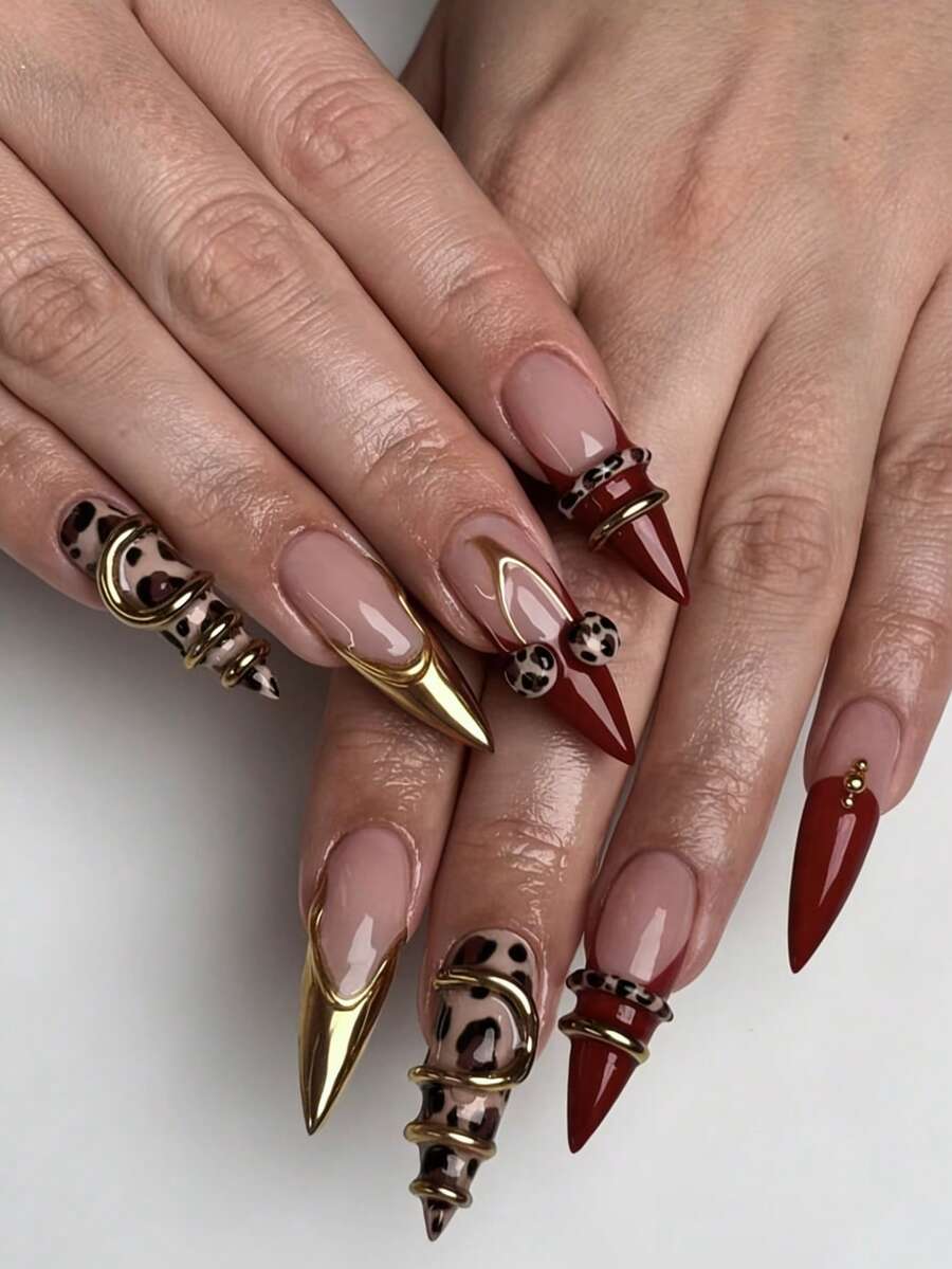 24pcs Long Stiletto Leopard Print Metal Nail Rings, Shiny Full Coverage Nail Tips Design, Y2K Style For Women & Girls Press On Nails - Multicolor - View 1