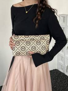 Ví cầm tay in họa tiết chữ cái toàn bề mặt, phong cách tối giản, thời trang, ví cầm tay bằng da PU kiểu dáng phong bì. - Màu Khaki - Xem 5