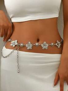 1pc Retro Fashionable Metallic Floral Waist Chain, Bohemian Style High-End Multipurpose Dress Belt, Suitable For Women In Any Occasion - Silver - View 1