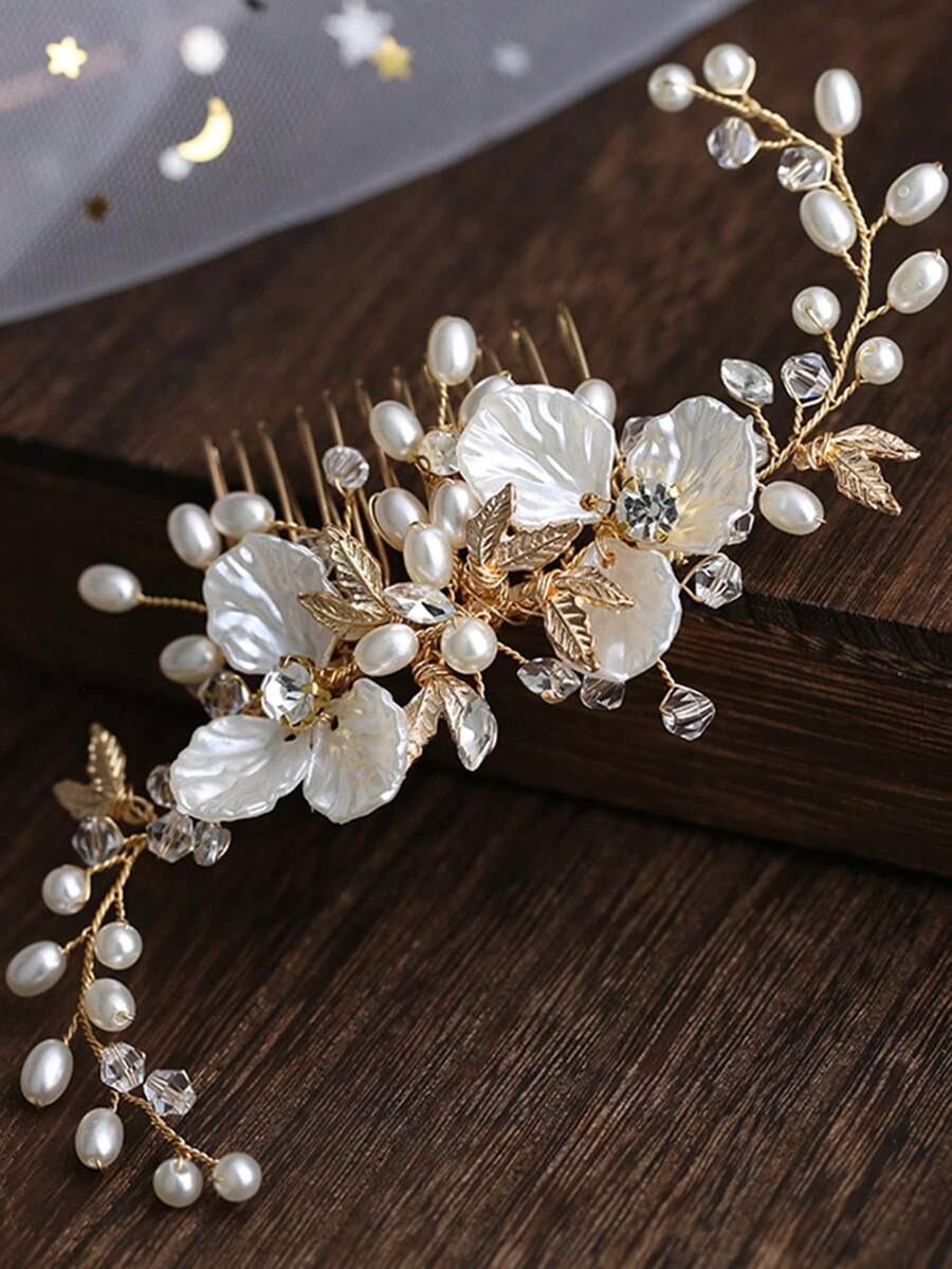 1 pièce Peigne à cheveux fait main avec perles et cristaux, décoration de coiffure de mariée pour chignon, été, plage - couleur - Voir 1