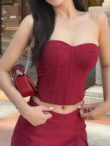 Top corset ajustador con aros, cierre de cremallera y frunce, efecto cintura pequeña - Rojo - Ver 2
