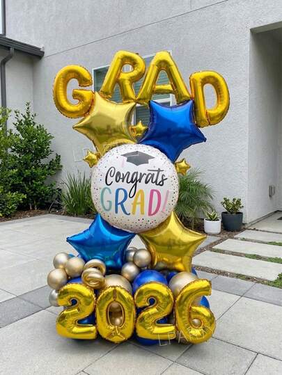 43pcs/Set 2026 Graduation Party Decorations, 16" Gold "GRAD2026" Banner Foil Balloon, 18" Gold/Blue Star Balloons, 10" Gold/Blue Metallic Latex Balloons, Suitable For 2026 Graduation Ceremony, Class Of 2026 Decor