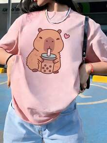 Top de manga corta de verano con estampado de carpincho, ajuste holgado, diseño versátil, adecuado para uso diario y atuendos de vacaciones - Rosa - Ver 5