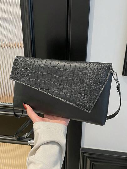 Solid Color PU Crocodile Embossed Flap Envelope Shoulder Crossbody Bag For Women