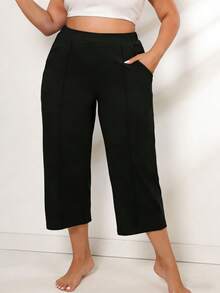 1pc Plus-Size Women's Wide-Leg Sporty Capri Pants With Pockets, Elastic Waistband, Soft And Stretchy Fabric, Loose Fit, Suitable For Yoga, Running, Walking, And Gym Workouts Sports - Black - View 1
