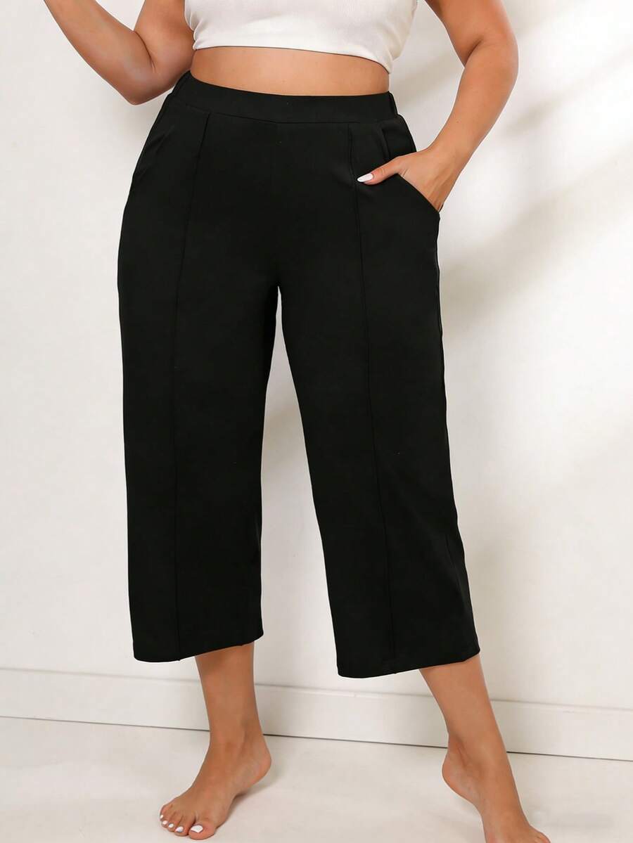 1pc Plus-Size Women's Wide-Leg Sporty Capri Pants With Pockets, Elastic Waistband, Soft And Stretchy Fabric, Loose Fit, Suitable For Yoga, Running, Walking, And Gym Workouts Sports - Black - View 1